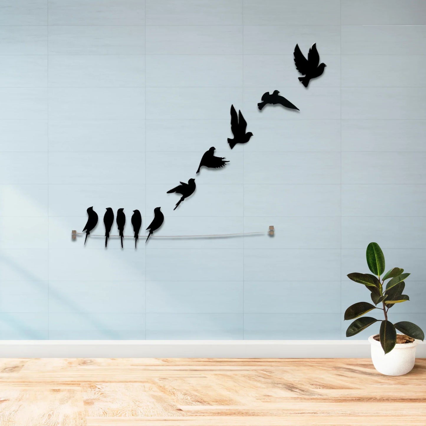 Wooden 3D 10 Pieces Birds on Rope Wall Art