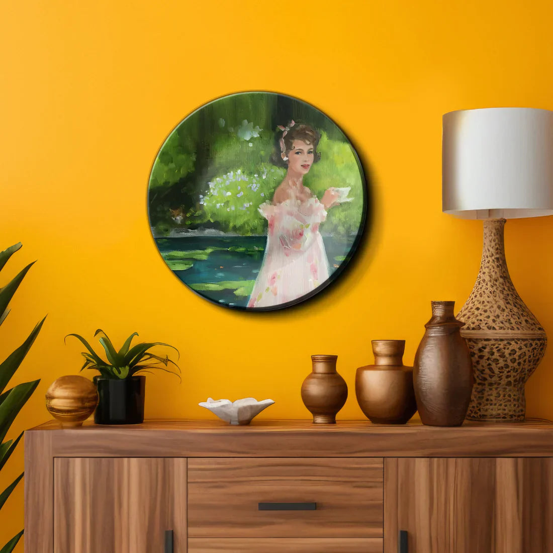 Woman Enjoying Tea Time In Garden Wall Plate Décor