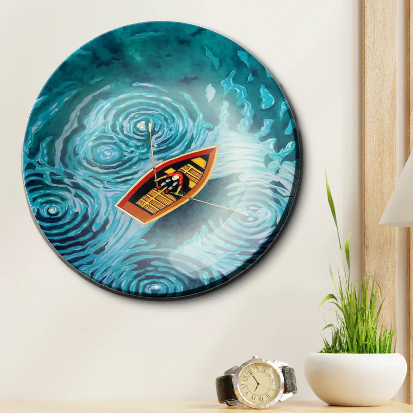 Swirly Lake Boat Ceramic Wall Plate Home Decor