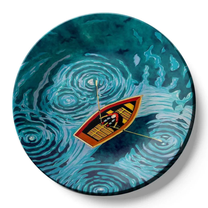 Swirly Lake Boat Ceramic Wall Plate Home Decor