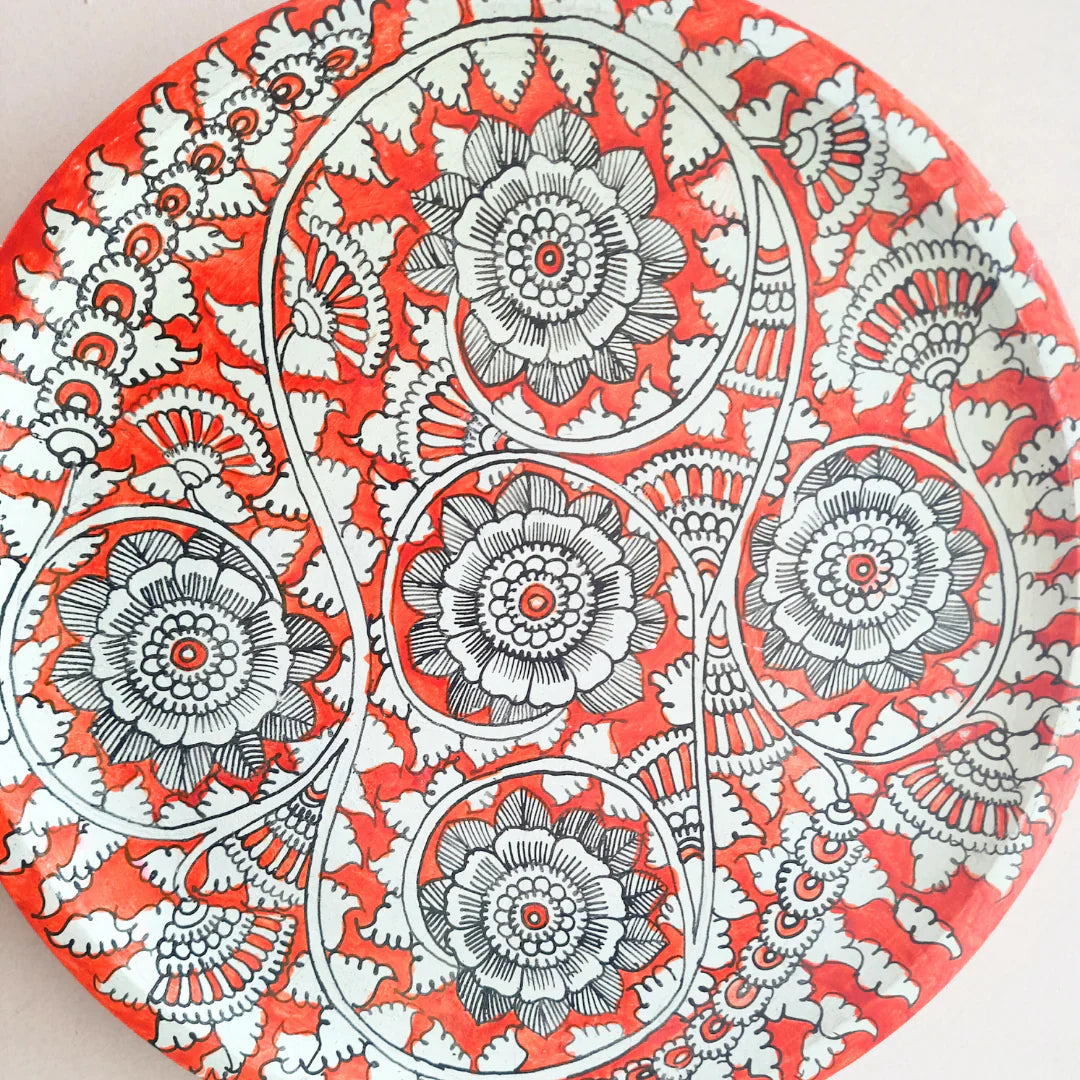 Hand-Painted Kalamkari Wall Plate: Folk Charm on Mango Wood