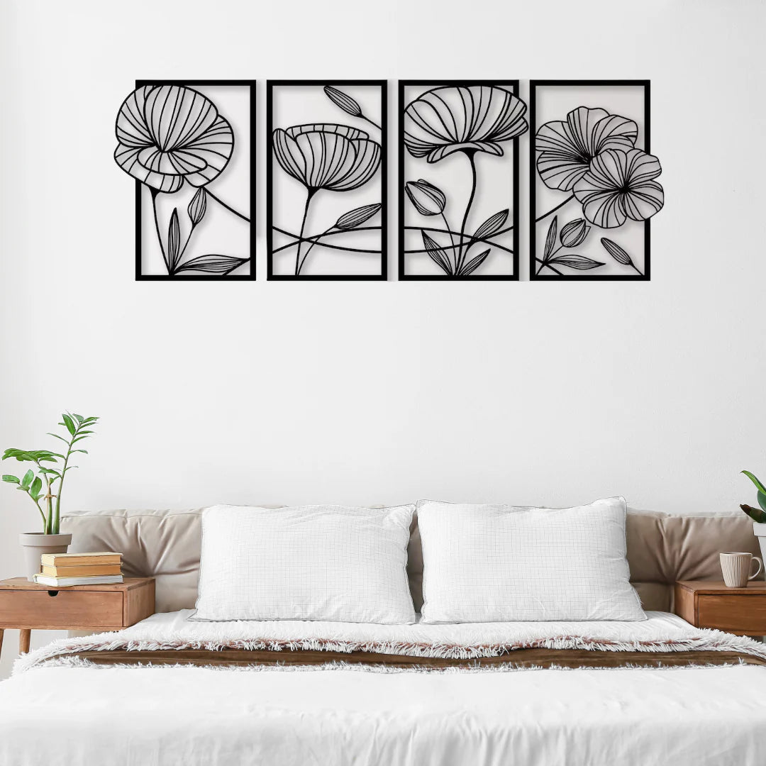 Poppy Bloom Quartet 4-Panel Floral Wood Wall Decor